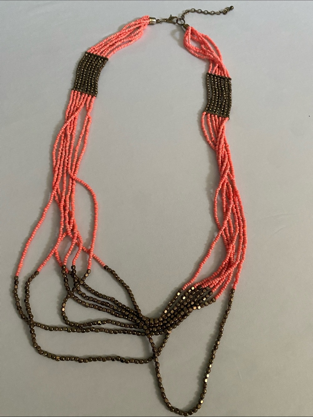 Neon Coral Colored and Gold Toned Multi Strand Seed beaded 32” long necklace